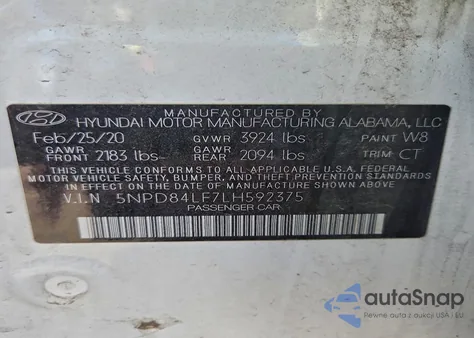 2020 Hyundai Elantra Sel z USA, uszkodzony, nr VIN 5NPD84LF7LH592375